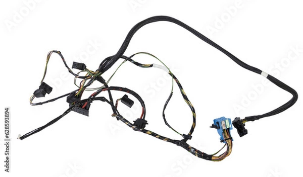 Fototapeta A cable of matted wires of different colors with connectors in the electrical wiring of the car. Internet line in the work of the provider.