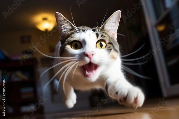 Fototapeta a cat running on the floor with its mouth open