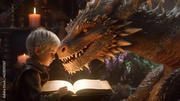Fototapeta Dragon leyendo un cuento.Generative AI