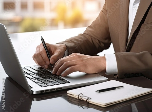 Fototapeta Close-up of unrecognizable businessman with smart watch sitting at desk and using wireless mouse and keyboard. Created with Generative AI technology.