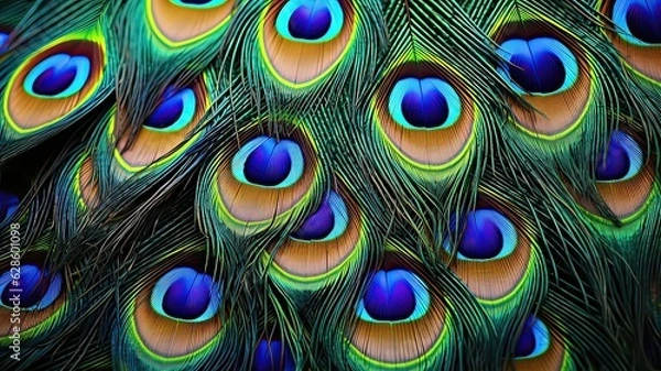Fototapeta A close-up of a peacock feather with intricate and beautiful patterns and colors.