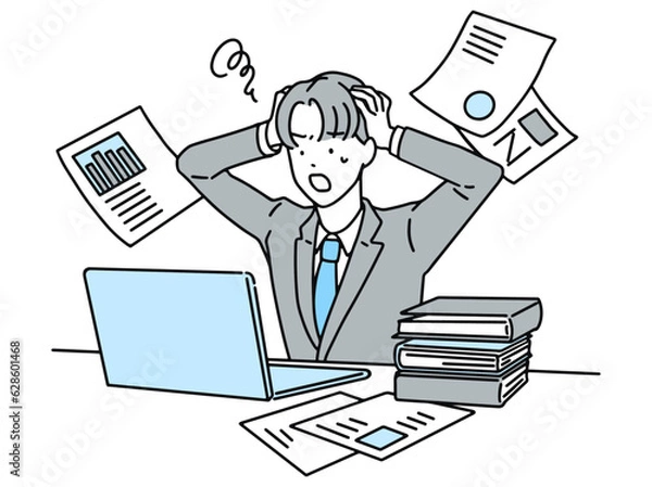 Obraz デスクワーク中に頭を抱えて悩む男性・ビジネスマン