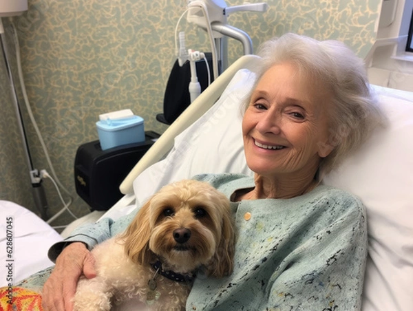 Fototapeta Sick elderly woman lying in a hospital bed with a therapy dog on her lap. She is smiling at the camera.