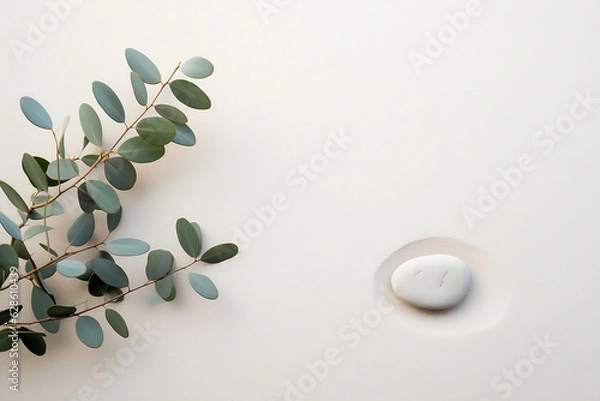 Fototapeta Serenity- Eucalyptus Branch and a Pebble Rock on Sand for Background Template with Empty Space for Copy or Product