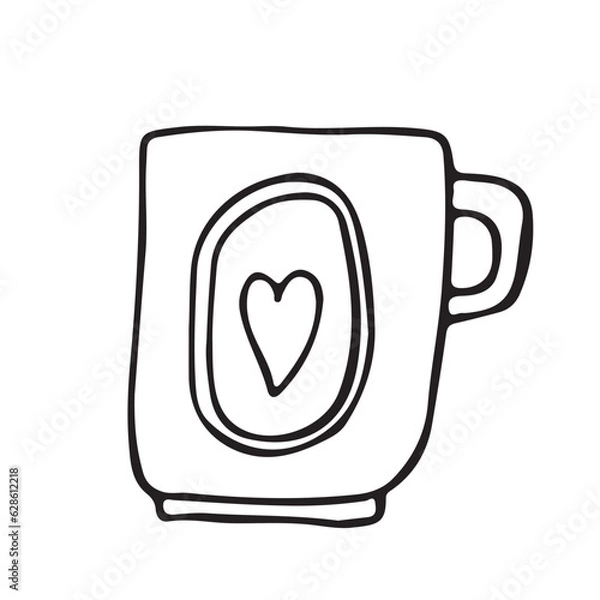 Fototapeta Cup decorated with design elements collection of different modern vector flat illustration. colored mug filling by beverages isolated. Cute trendy crockery with handle for drink. Vector illustration.