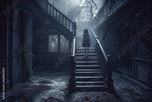 Obraz a woman is standing on the stairs in an old house