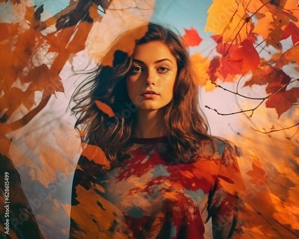 Fototapeta a woman standing in front of autumn leaves