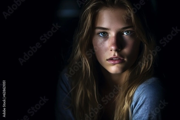 Obraz a young woman with blue eyes is looking at the camera