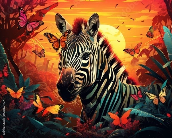 Obraz a zebra in the jungle with butterflies