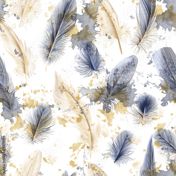 Fototapeta Seamless pattern with feathers. Art design watercolor texture. Vector illustration.
