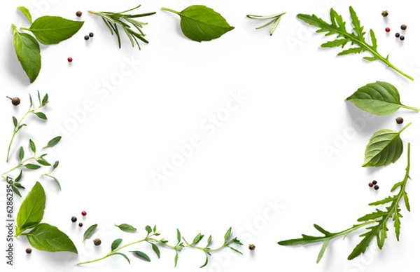 Fototapeta frame / border PNG Food design element. Spices and herbs with real transparent shadow on transparent background. Variety of spices and mediterranean herbs.