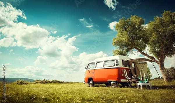 Fototapeta  Vintage camping car minivan in summer mountains landscape. Active lifestyle, drive and travel Concept. Generative AI.