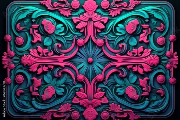 Fototapeta an ornate design on a black background with pink and blue colors