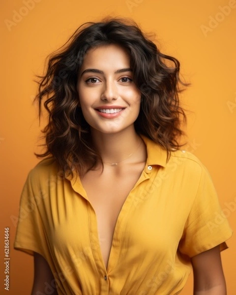 Obraz beautiful young woman with curly hair posing for the camera on an orange background