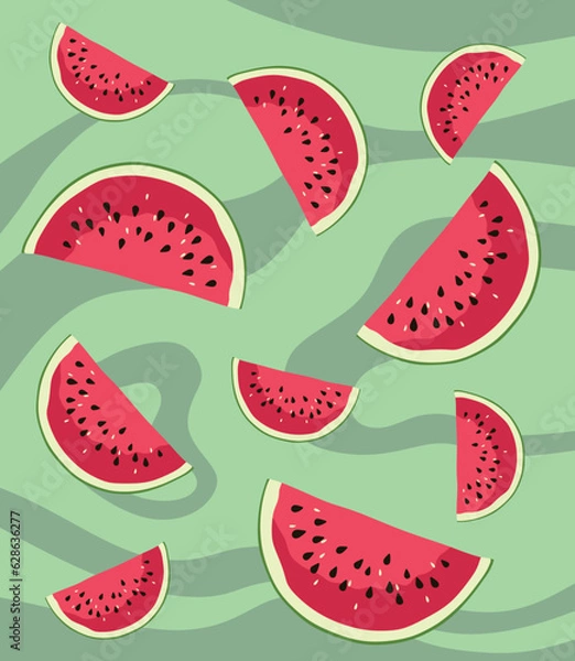Fototapeta Bright juicy seamless pattern with watermelon pieces and seeds on a green background with waves