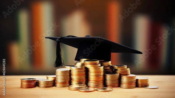 Fototapeta gold coins and a graduation cap
