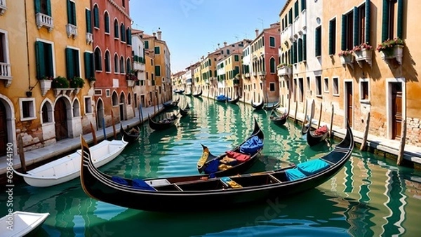 Fototapeta Photo of a picturesque row of gondolas in a Venetian canal, with charming buildings as a backdrop