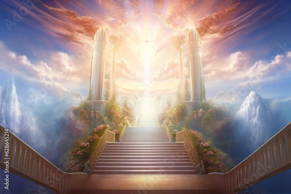 Obraz Culture and religion concept. Surreal illustration of path to heaven. Majestic interpretation on heaven and god. Generative AI