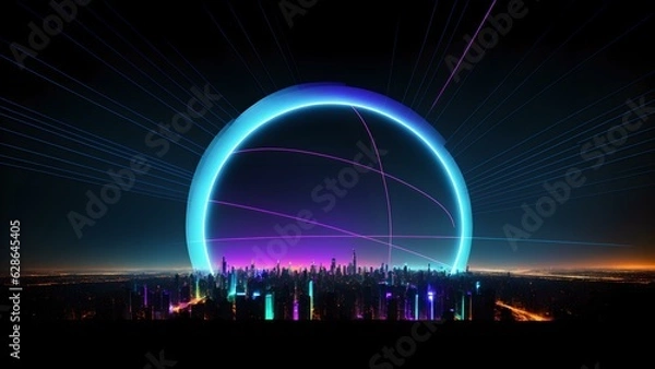 Fototapeta Photo of a panoramic view of a cityscape with a prominent circular object in the foreground