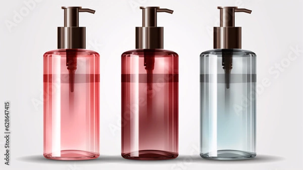 Fototapeta Empty cosmetic bottles with dispensers on a clear white background, isolated object, suitable for design purposes. Multicolor.