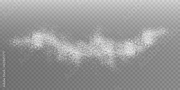Fototapeta White scattering of small particles of sugar crystals, flying salt, top view of baking flour. White powder, powdered sugar explosion isolated on transparent light background. Vector illustration.