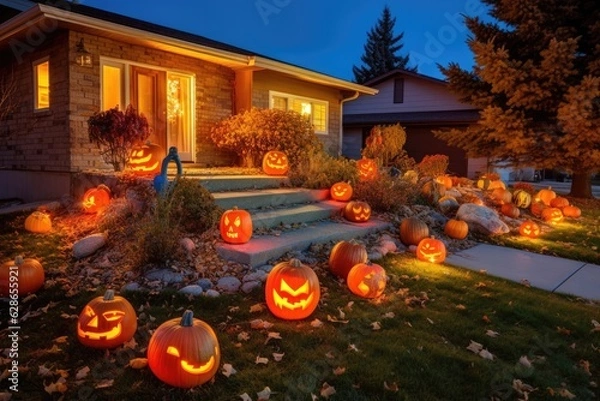 Fototapeta Halloween night concept with illuminated pumpkins, decorated streets, colorful decorations in front of houses on Halloween night.