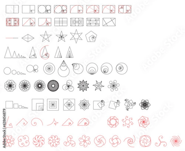 Fototapeta Big Golden ratio elements set - visualization of Fibonacci Sequence