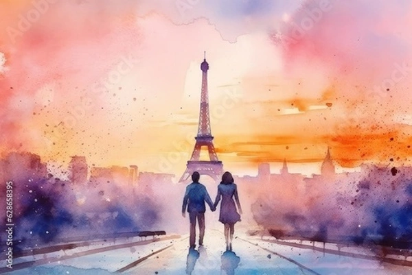 Obraz Watercolor couple of lovers holding hands on the background of the Eiffel Tower. Illustration for travel postcard, wedding invitation. Generative AI
