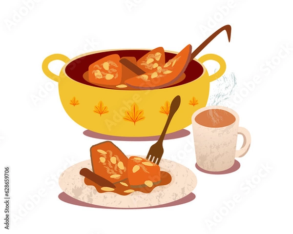 Obraz Ilustraci√≥n de dulce de calabaza en cacerola y servida junto con bebida caliente. Transparencia. Gastronom√≠a de M√©xico