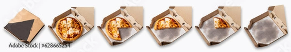 Fototapeta Top view of a pizza in a cardboard box on a white background