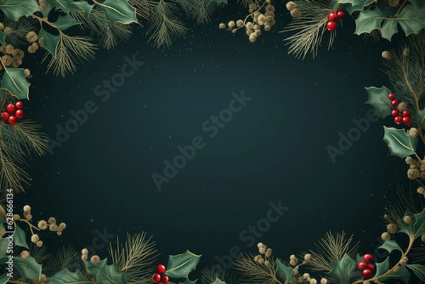 Fototapeta Dark Green christmas background with mistletoes frame, copy space