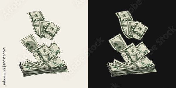 Fototapeta Falling, flying from above 100 dollar banknotes into stack dollar bills. Pile of cash money. Color isolated vector illustration in vintage style.
