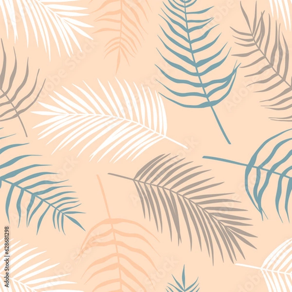 Fototapeta Seamless pattern of tropical leaves of palm tree, Arecaceae leaf. Exotic collection of silhouette plant. Hand drawn botanical vector illustration for greeting card, wallpaper, wrapping paper, fabric