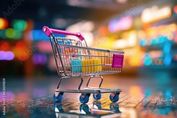 Fototapeta Shopping trolley in a supermarket with a shopping bag inside. Generative AI