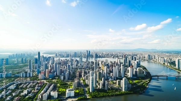 Fototapeta Aerial view of the city skyline. Real estate and corporate building business concept - panoramic bird's eye view of modern city skyline. ai generation