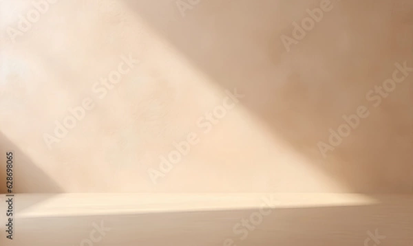 Fototapeta Empty modern, minimal counter in dappled sunlight on cream white wall for luxury beauty, fashion cosmetic product display background 3D, background for product presentation, generative ai