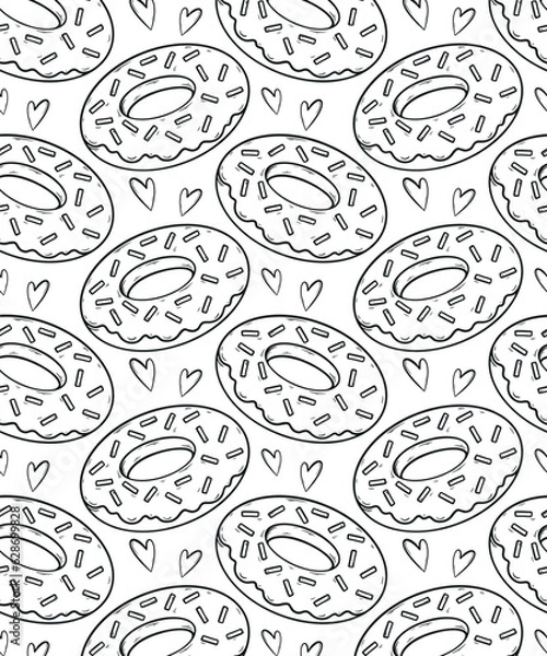 Obraz donut seamless pattern black on white background. Donut icon in a flat style. Seamless pattern, background, card, poster. Template for design. black and white