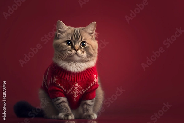 Fototapeta Fluffy cat in winter sweater on red background.