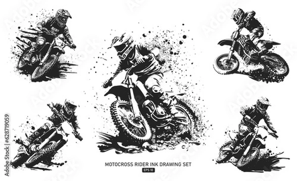 Fototapeta Set of motocross rider overcoming obstacles, black and white vector illustration