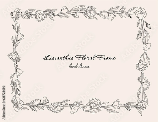 Obraz Decorative Floral Frames, Vector Lisianthus, Prairie Gentian Flower Border, Hand-drawn, For Wedding Invitation, Art Print, Card Crafting, Branding & Marketing, Black & White Minimal Line Art