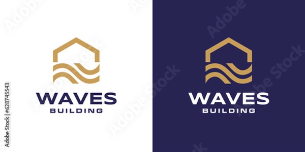 Obraz Waves Building Logo Simple Monoline Style. Home + Wave Shape