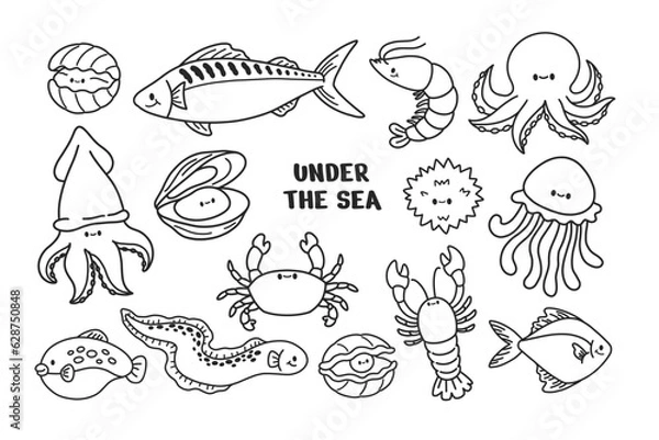 Obraz Set of marine life outline art illustration for coloring. Under the sea concept. Doodle cartoon style vector isolated on white background.