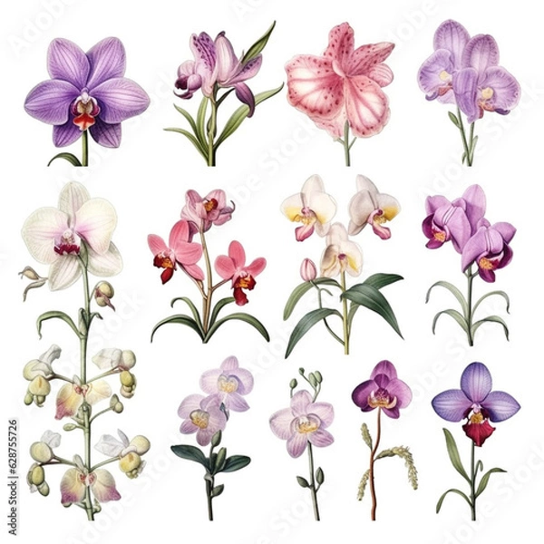 Fototapeta orchid flower set watercolor vector illustration.isolated white background. Generative ai.