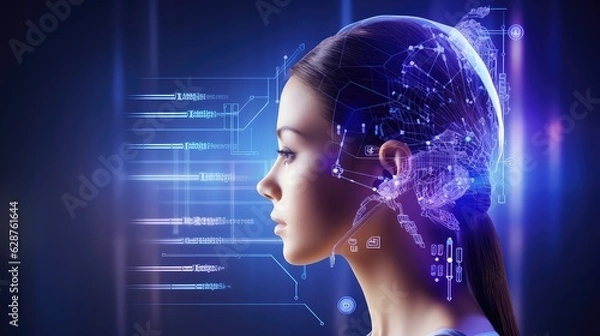 Fototapeta Advance Technology on Neuro, NLP and AI field with  Blue and purple theme