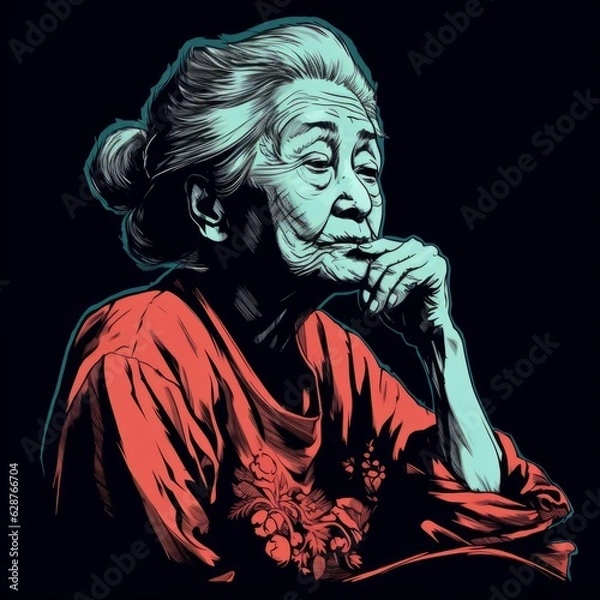 Fototapeta Asian old woman in thinking and doubts monochrome illustration. Female character with dreamy face on abstract background. Ai generated sketch poster.