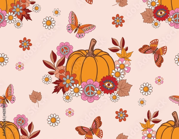 Fototapeta Fall/ Autumn Vibe with 70s groovy hippie retro  Pumpkin seamless pattern.