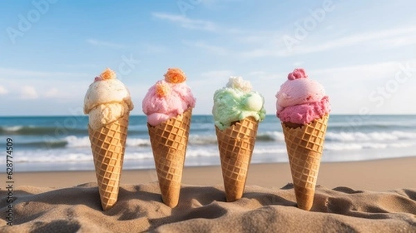 Fototapeta Colorful ice cream cones on the sandy beach by the ocean.