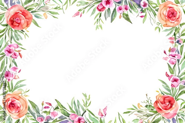 Obraz Watercolor spring flowers border Generative AI