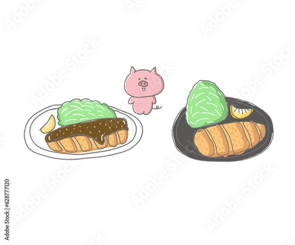 Obraz 豚カツと豚さんのイラスト