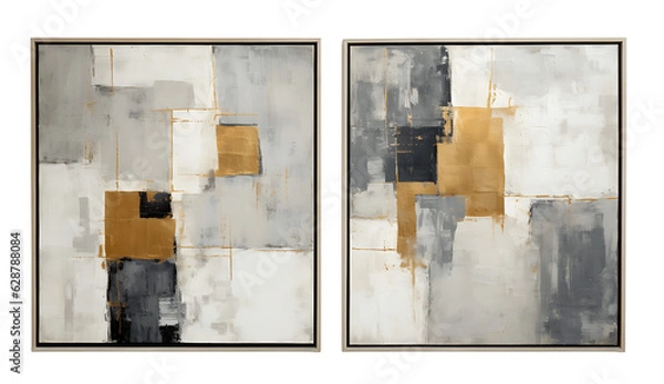 Fototapeta Zestaw abstrakcyjnych obrazów olejku ściennego z szarymi i złotymi linią. Geometryczne abstrakcje obrazu w jasnej ramce. Nowoczesny projekt wnętrz/tryptyk. Izolowane na przezroczystym tle. Ki.